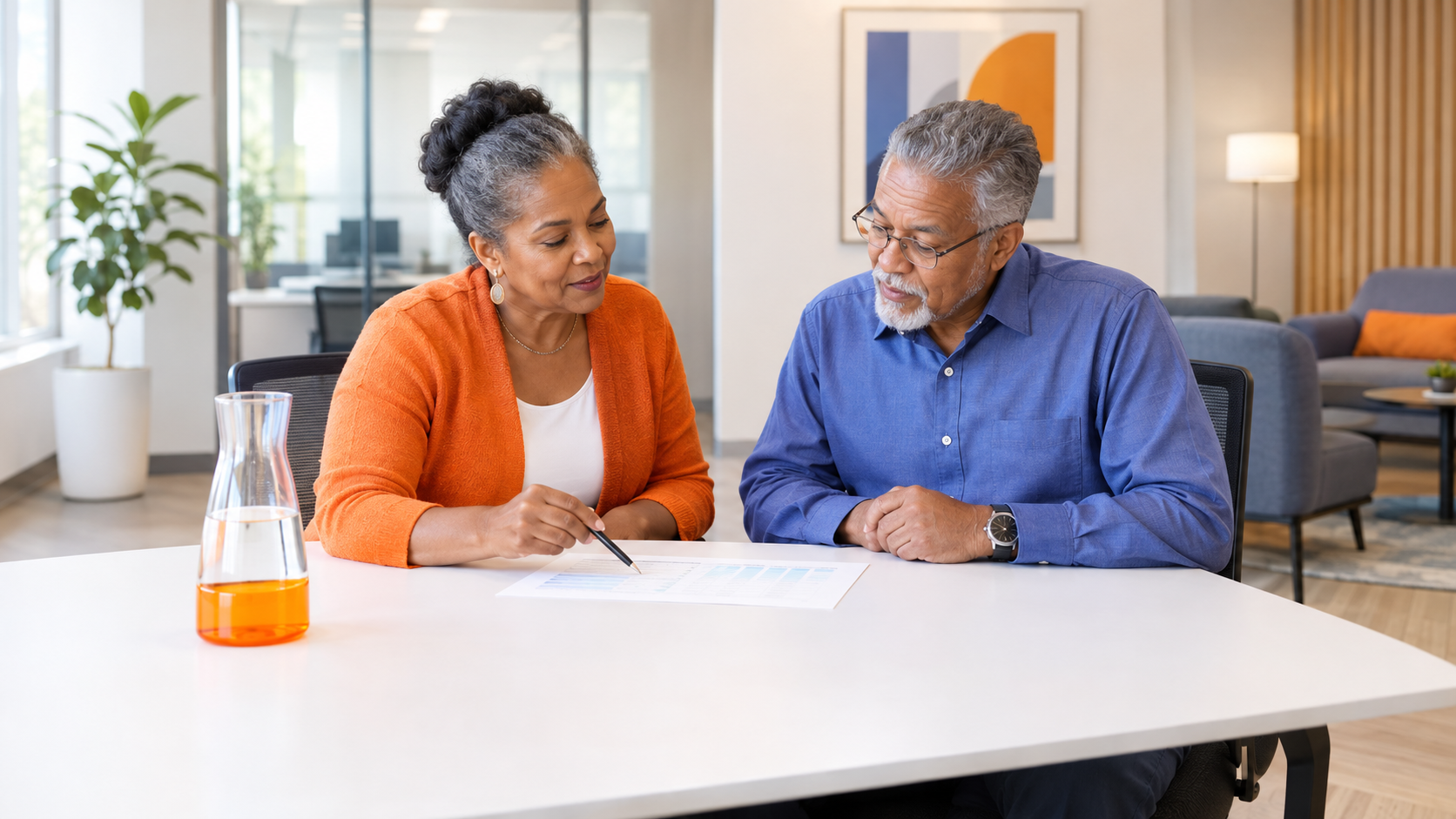 Two people reviewing paperwork at a table in a bright office, with a drink on the left.