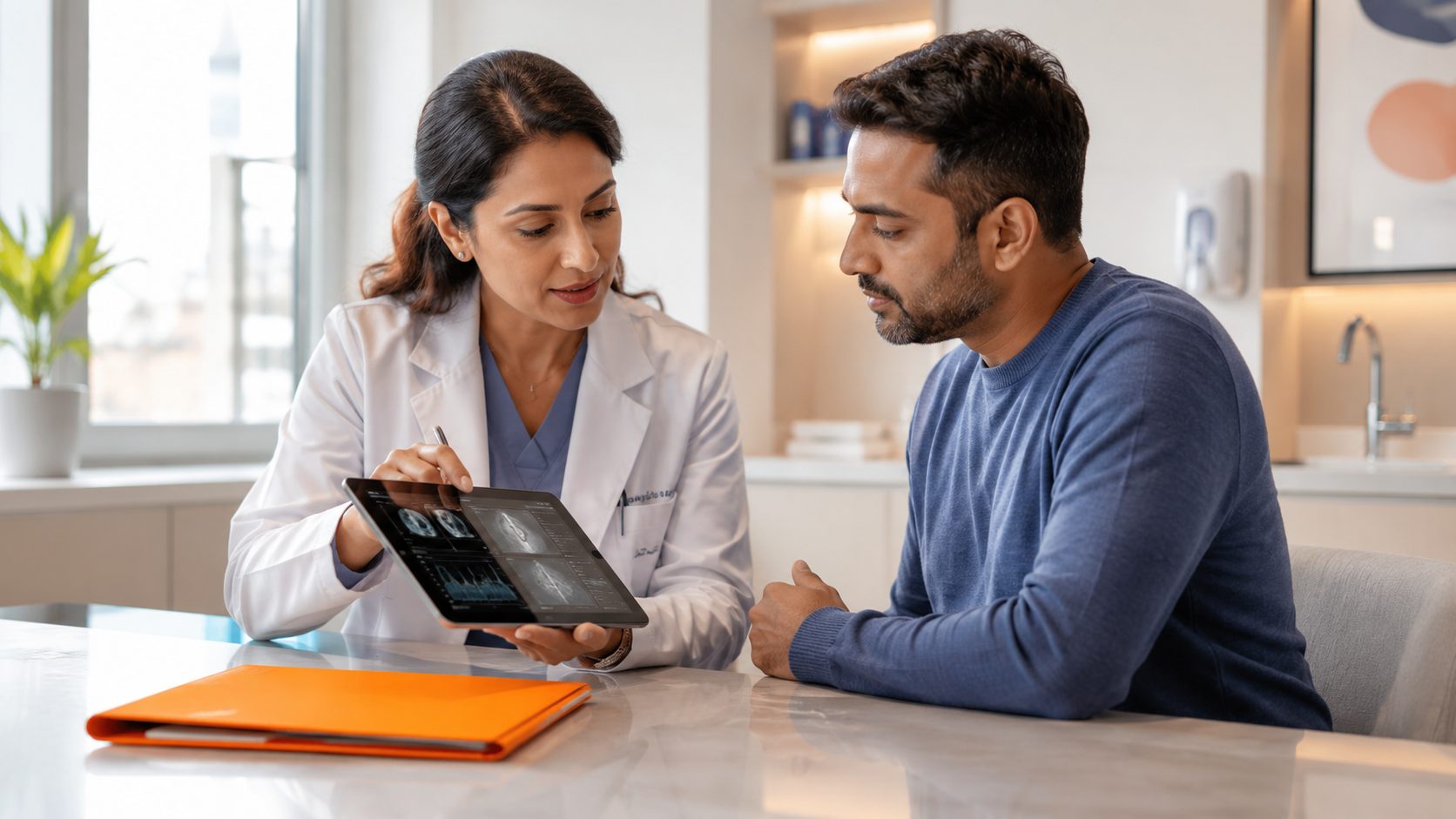 Two people reviewing a tablet at a kitchen counter, with an orange folder nearby.