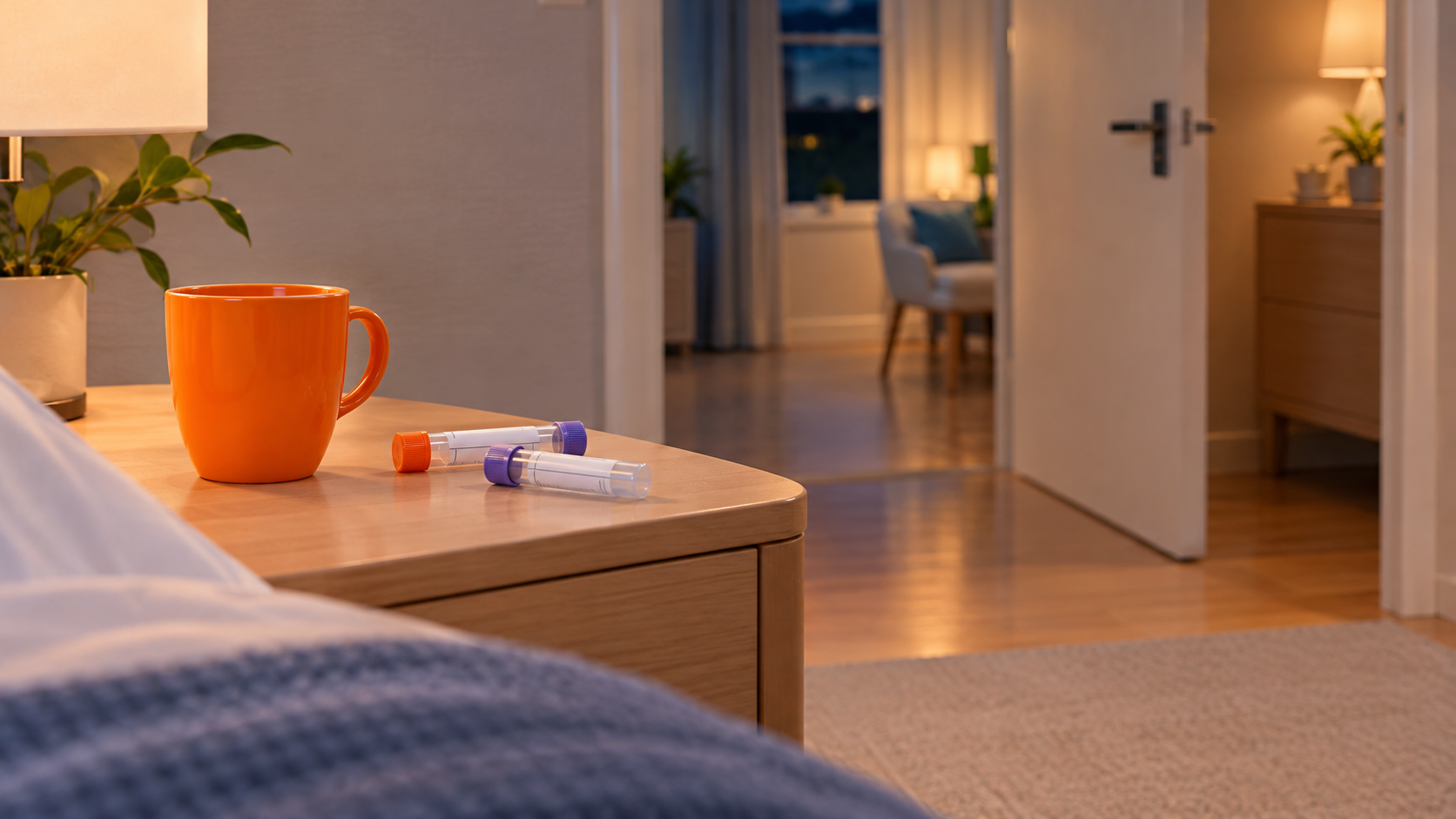 Cozy bedroom with an orange mug and medication on a bedside table, open door leading to a lit hallway