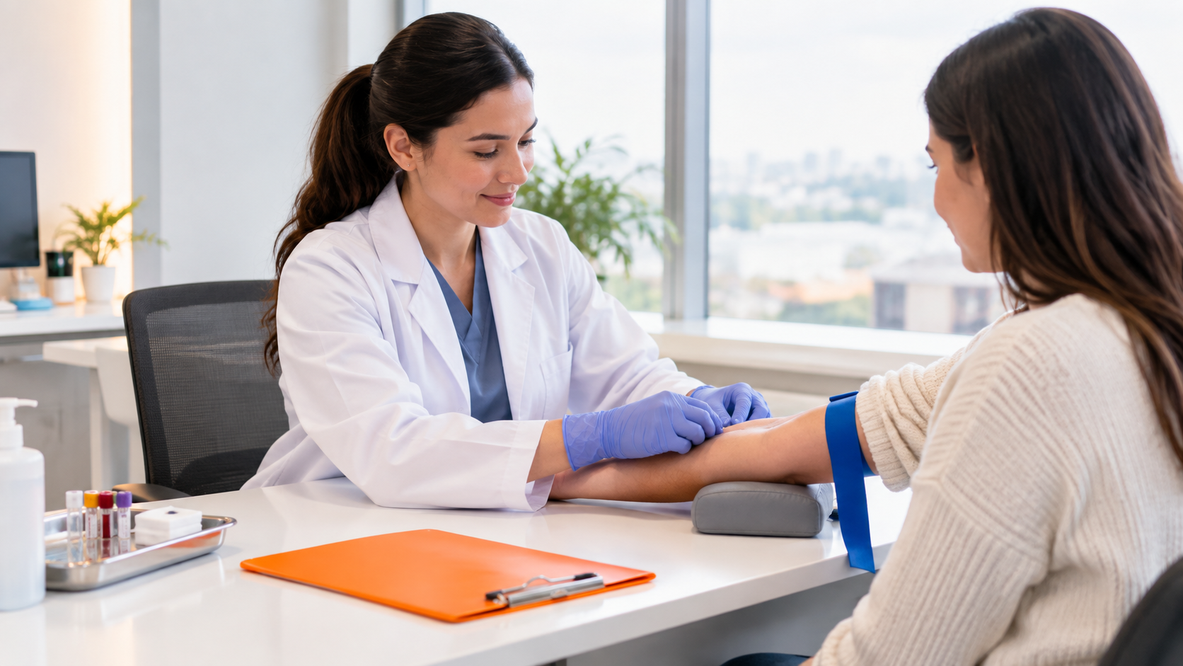 Doctor wearing blue gloves checking a patient’s arm in a bright clinic office