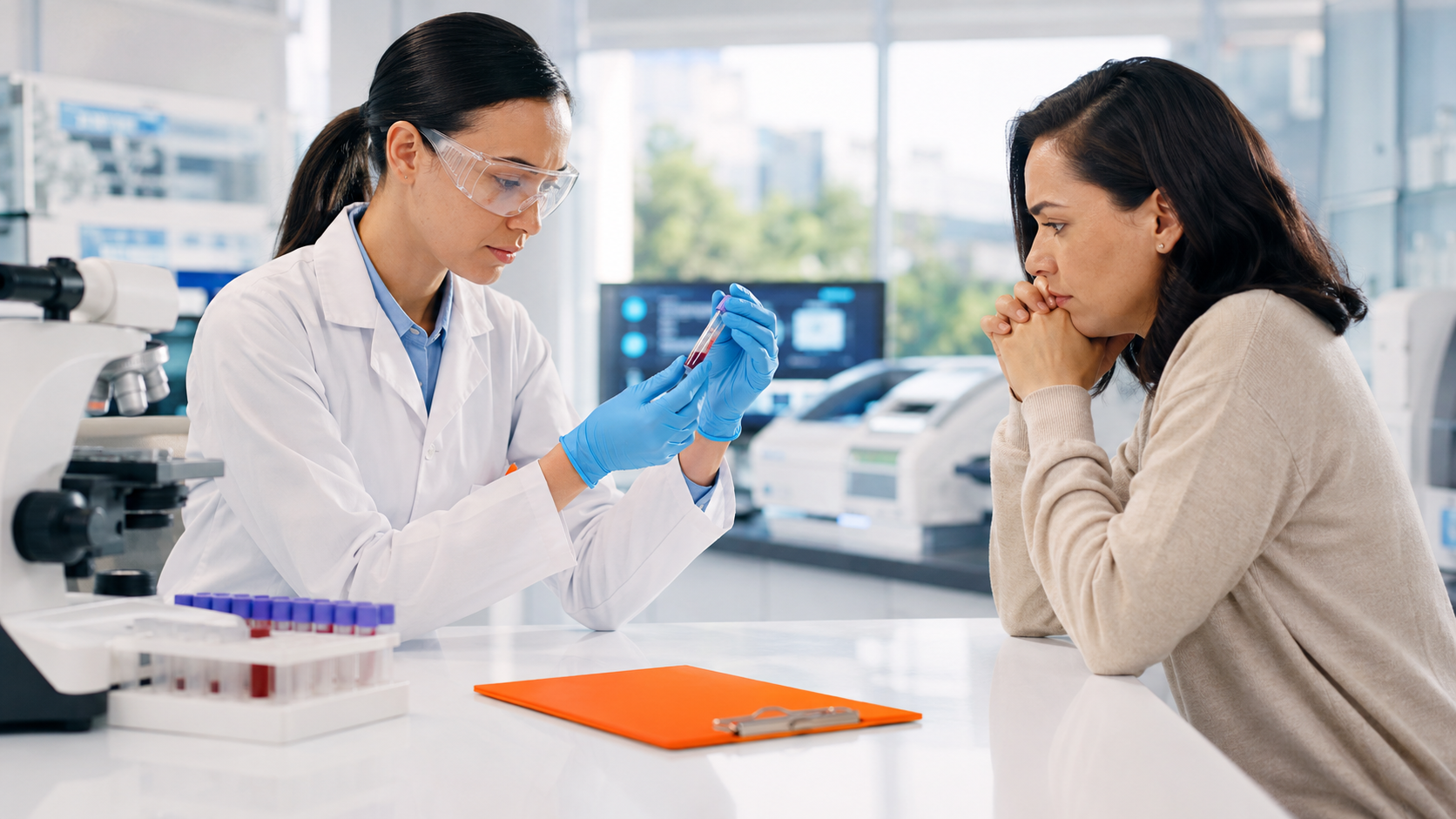 Scientist in a lab coat explains a sample to a concerned patient across a lab table.