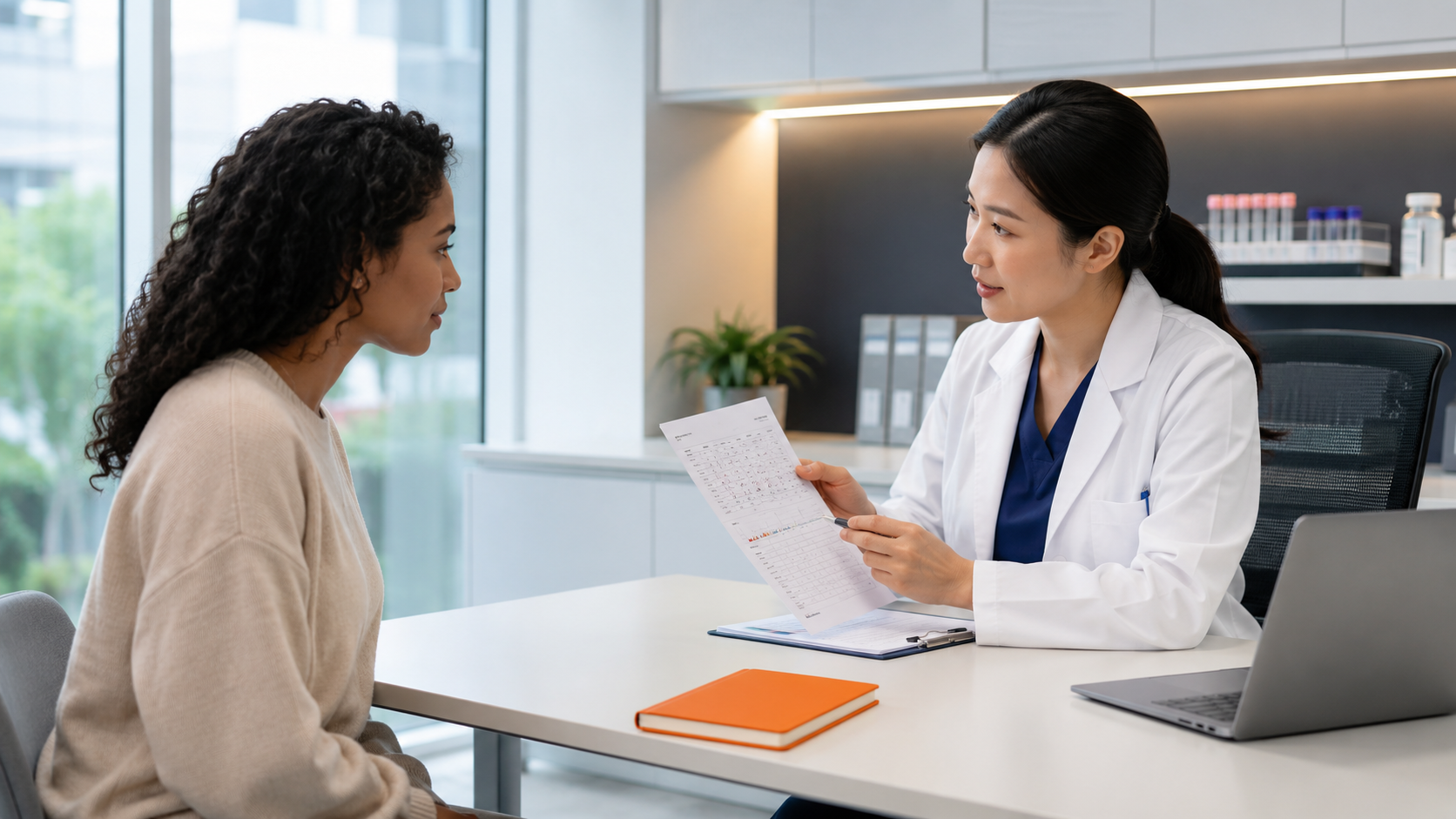 Doctor consulting with a patient across a desk in a bright clinic, holding paperwork and speaking calmly.