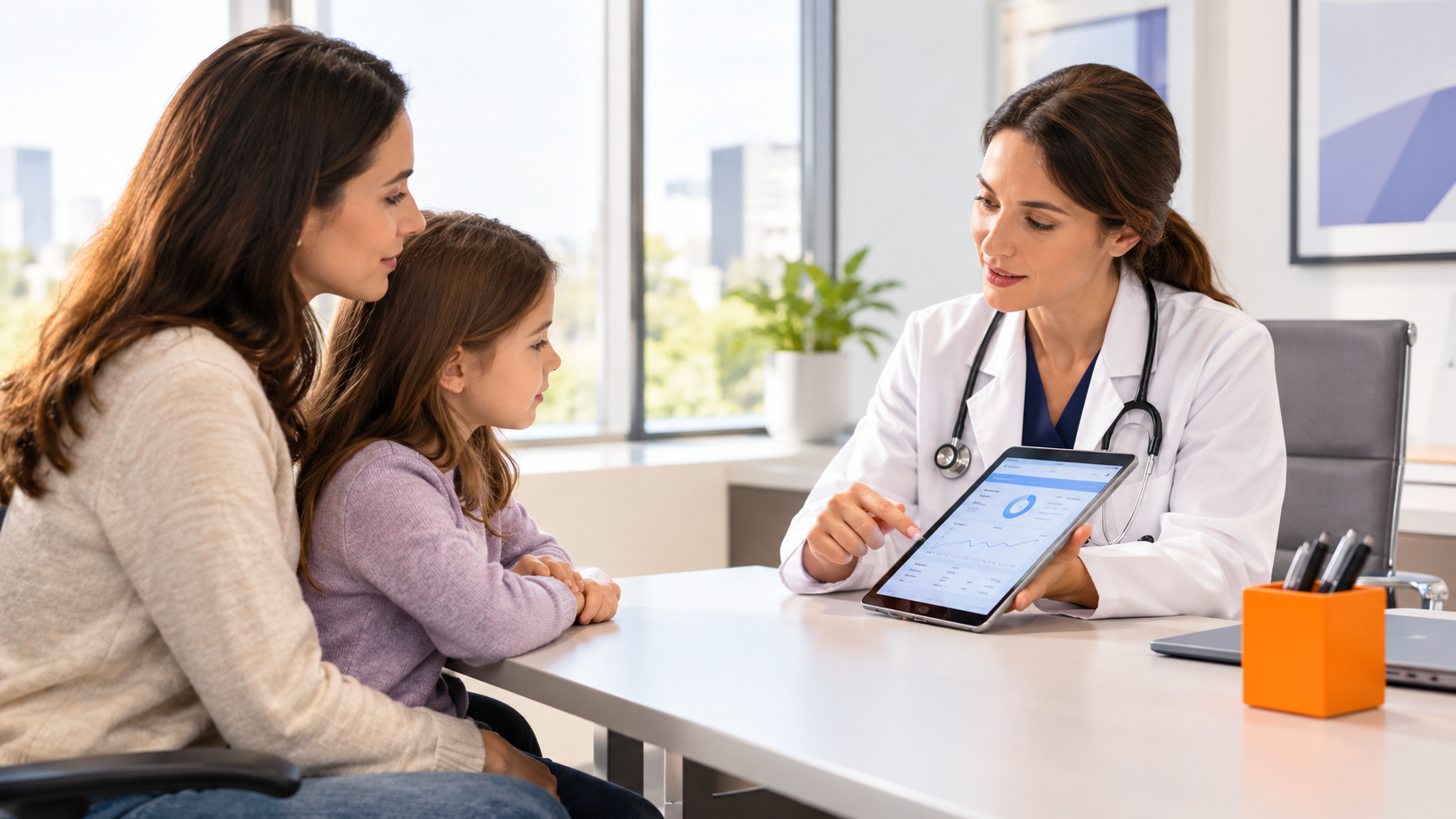 Doctor consulting with a mother and child at a clinic desk, using a tablet in a bright exam room.