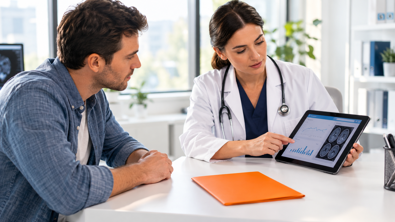 Doctor showing tablet to a patient in a bright clinic office, with an orange folder on the desk