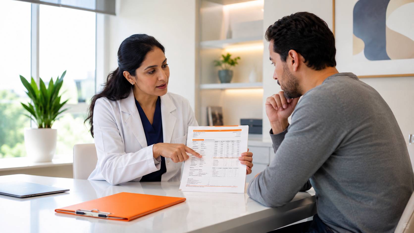Doctor showing a form to a seated patient in a bright office, with an orange folder on the table.