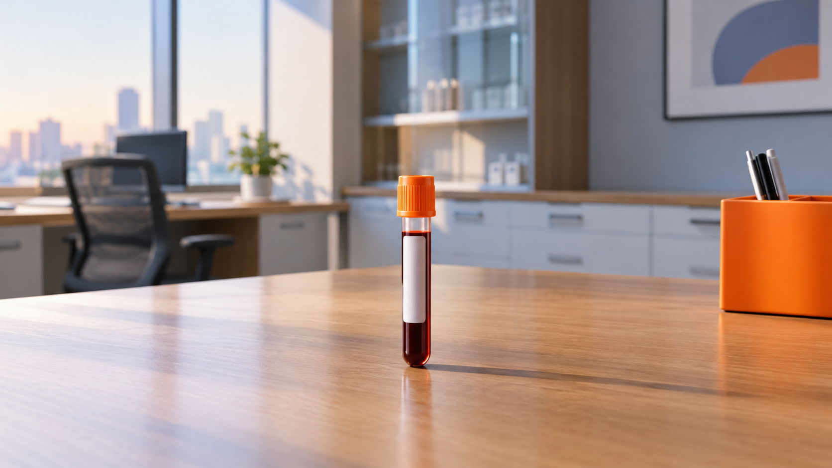 Small vial with orange cap on a wooden desk in a modern office overlooking a city skyline