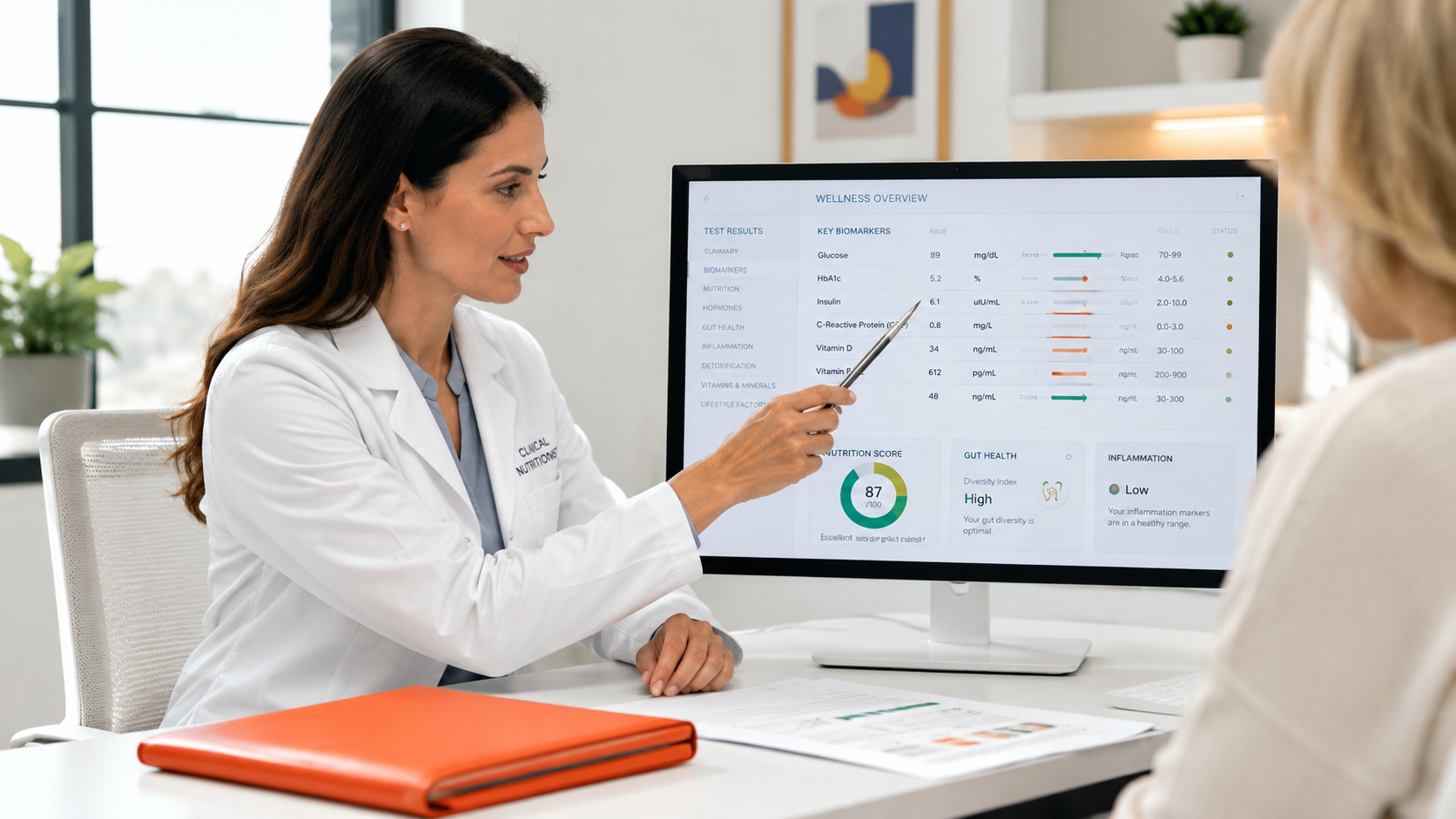 Doctor in white coat pointing at a monitor with charts in a bright office