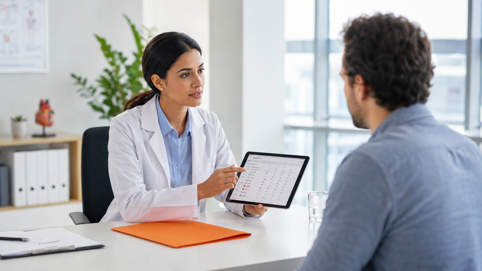 Doctor speaking with patient in a bright office, showing a tablet and papers on the desk.