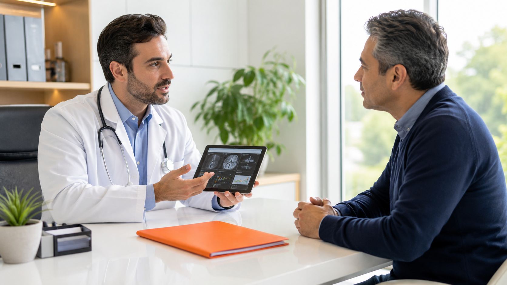 Doctor showing digital tablet to a patient in a bright clinic office