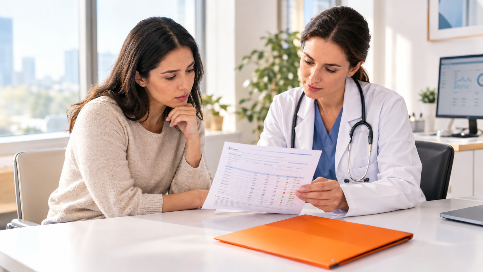 Doctor reviewing paperwork with a concerned patient at a desk in a bright clinic office
