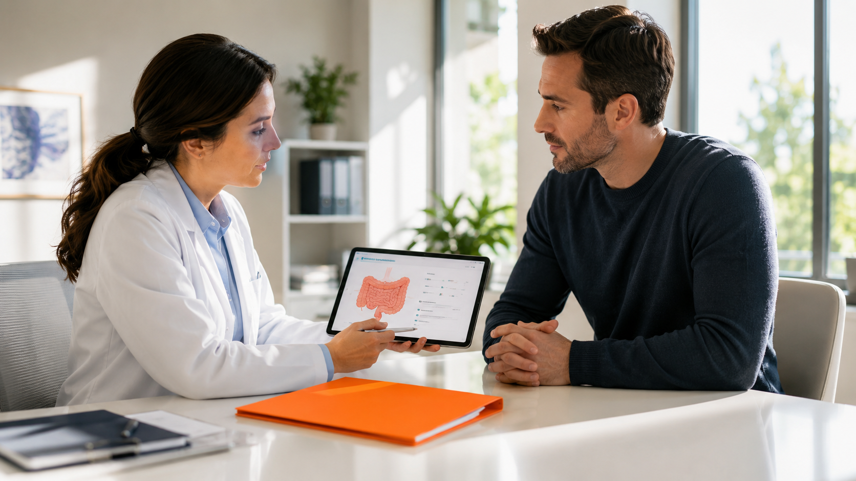 Doctor showing a patient a tablet with a medical chart in a bright office