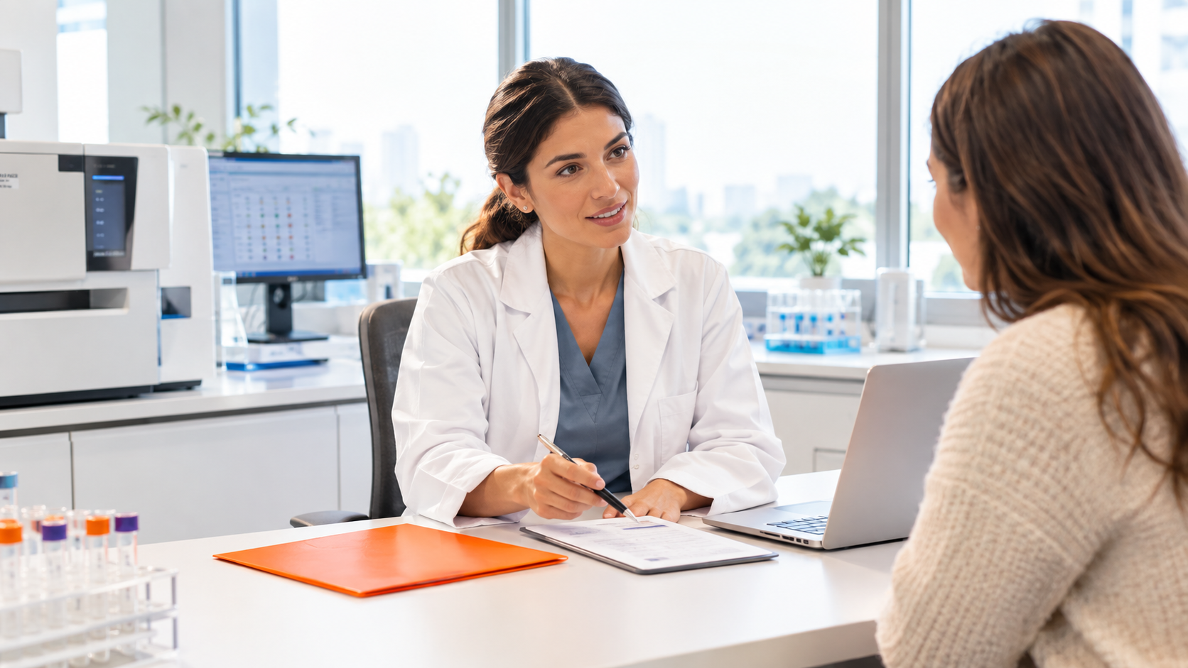 Doctor consulting with a patient at a desk in a bright clinic office, with a laptop and orange folder.