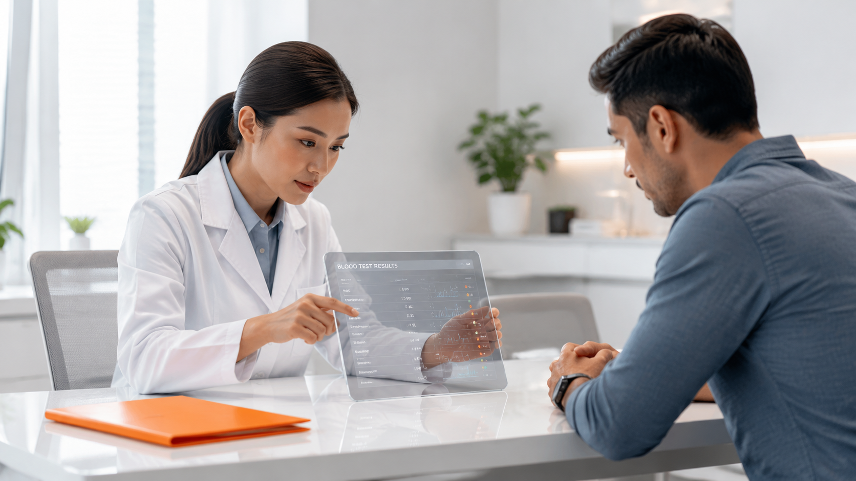 Doctor showing a digital tablet to a seated patient in a bright clinic office.