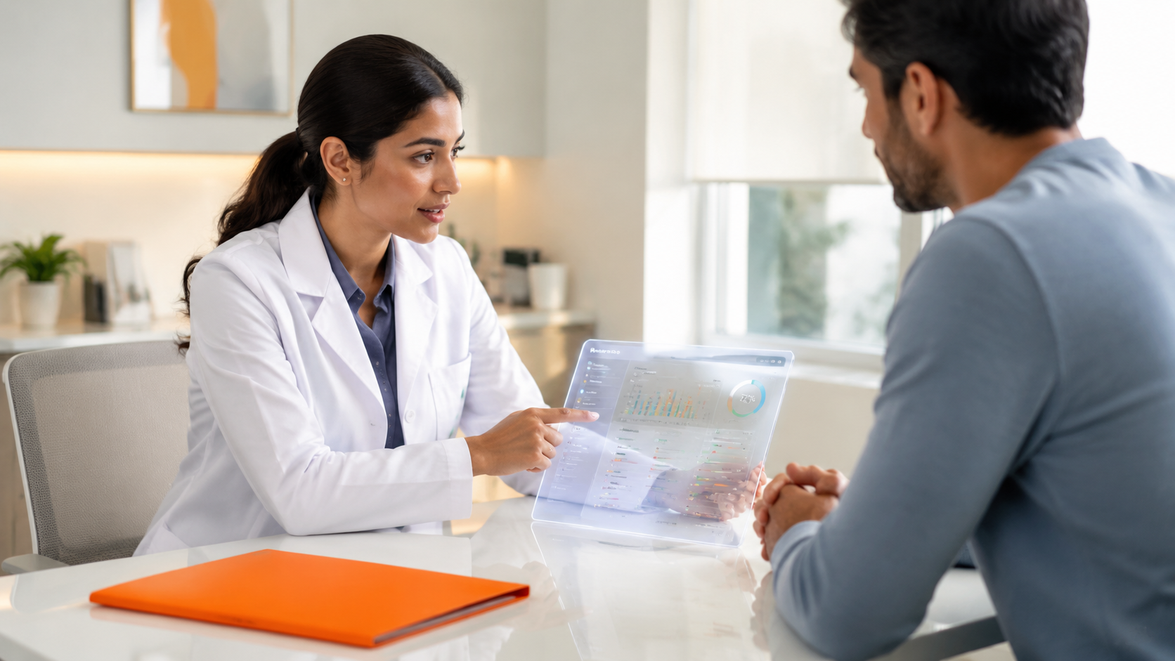 Doctor consulting with a patient at a desk, reviewing documents in a bright office.