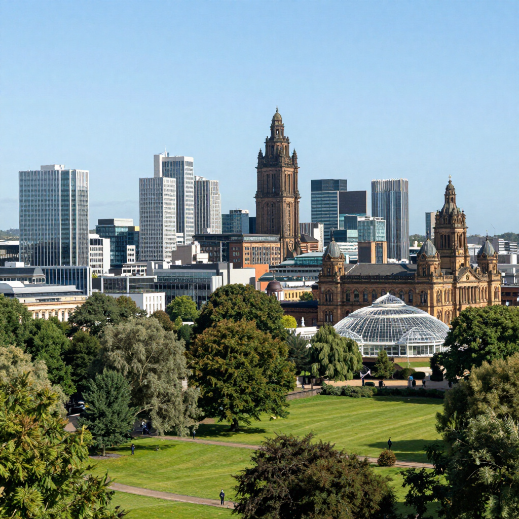 City skyline with a tall historic tower and glass conservatory behind a green park under a clear blue sky
