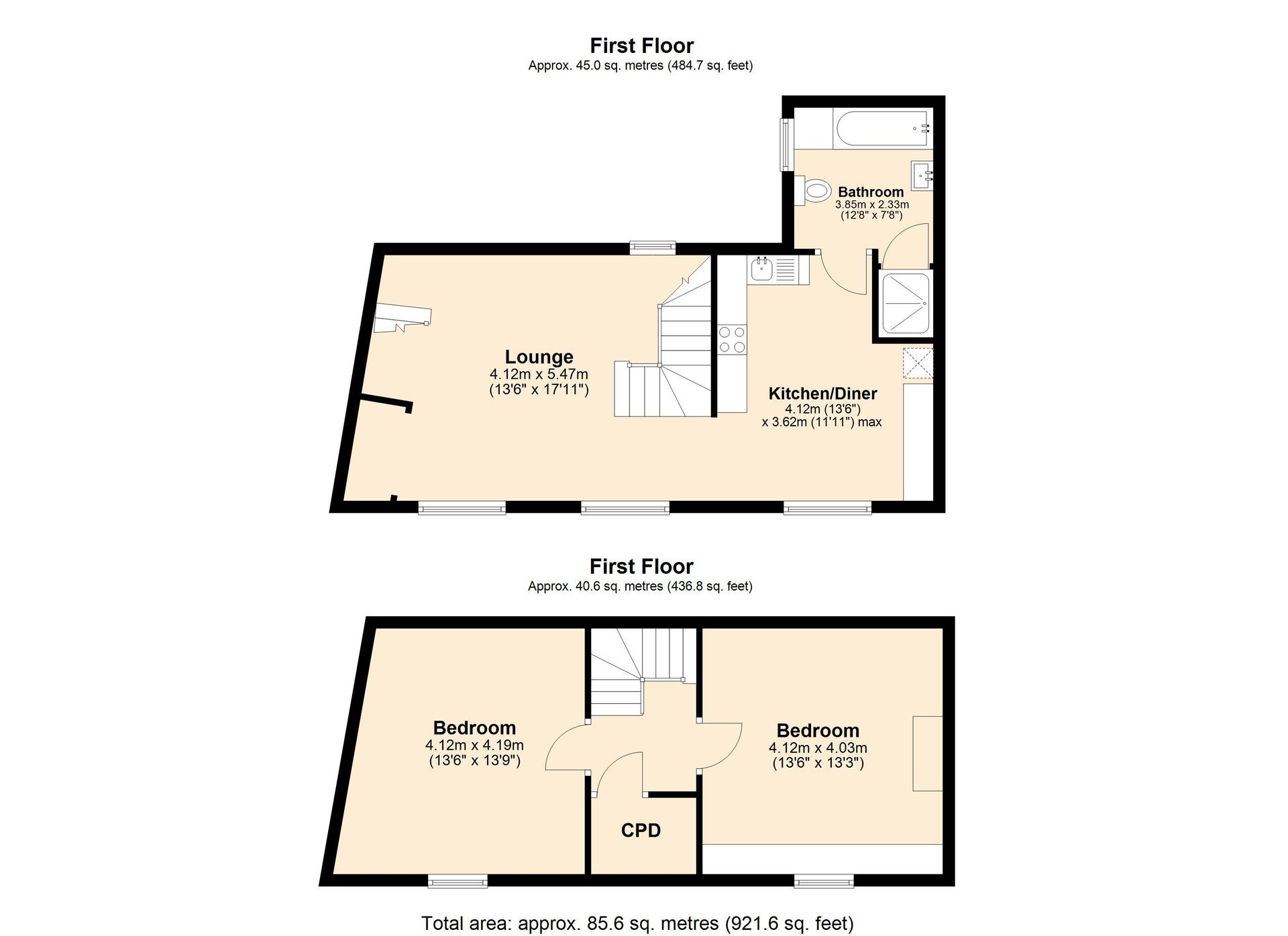 Two-floor house floor plan showing first and second floor layouts with rooms and stairs
