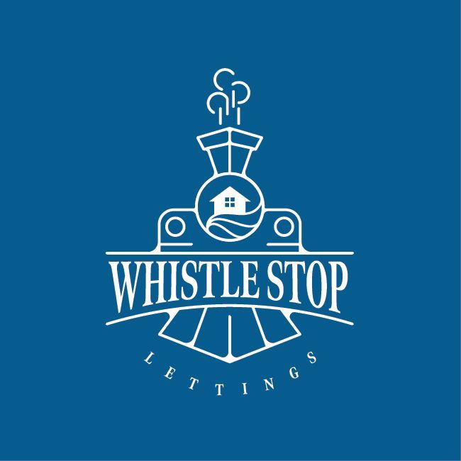 White Whistle Stop Lettings logo on a blue background with a stylized house and steam train emblem