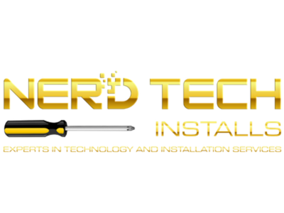 Nerd Tech Installs logo with gold text and screwdriver icon on a white background