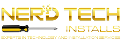 Nerd Tech Installs logo in gold and black with the tagline “Experts in tech technology and installations”