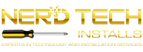 Nerd Tech Installs logo in gold and black with the tagline &ldquo;Experts in tech technology and installations&rdquo;