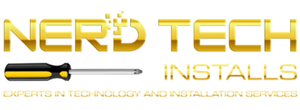 Nerd Tech Installs logo in gold and black with the tagline &ldquo;Experts in tech technology and installations&rdquo;