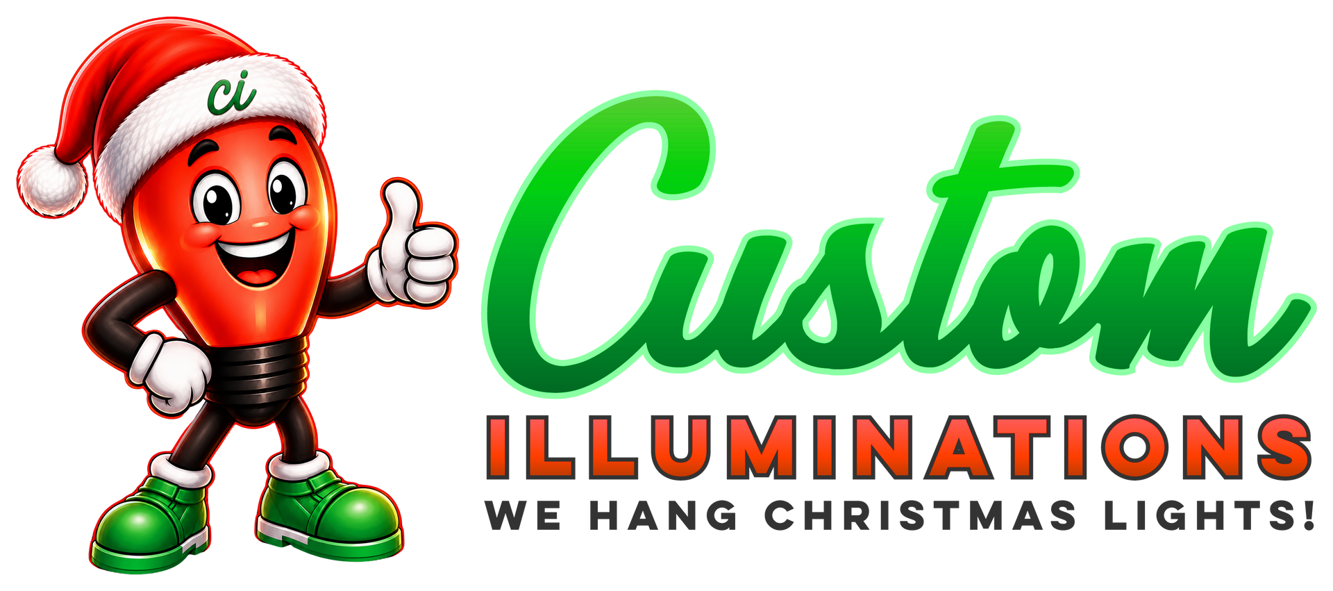 Custom Illuminations logo with a red lightbulb mascot wearing a holiday red hat.