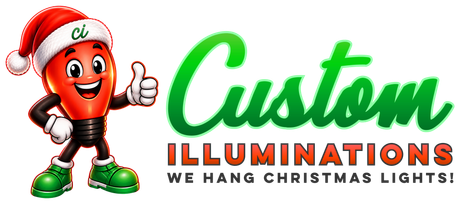 Custom Illuminations logo with a red lightbulb mascot wearing a holiday red hat.