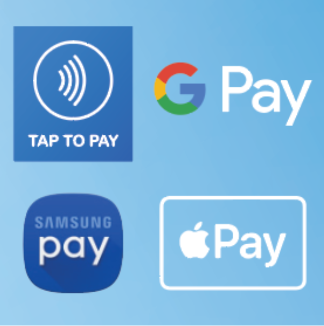 A blue background with logos for samsung pay google pay and apple pay
