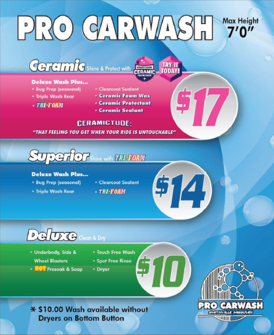 Pro Carwash North menu with the top ceramic package listed at $17, the Superior wash for $14, and deluxe for $10