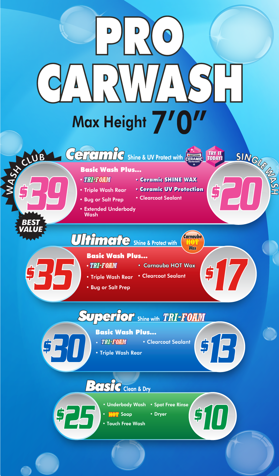 Pro Carwash automatic car wash menu that include ceramic, rain-x protectant, sealant, and tri-foam options