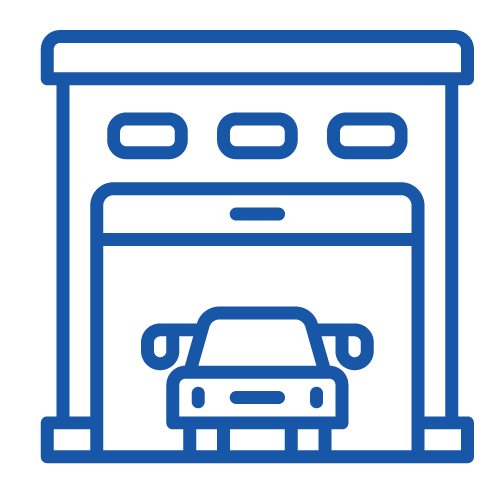 A blue line icon of a car parked in a car wash bay