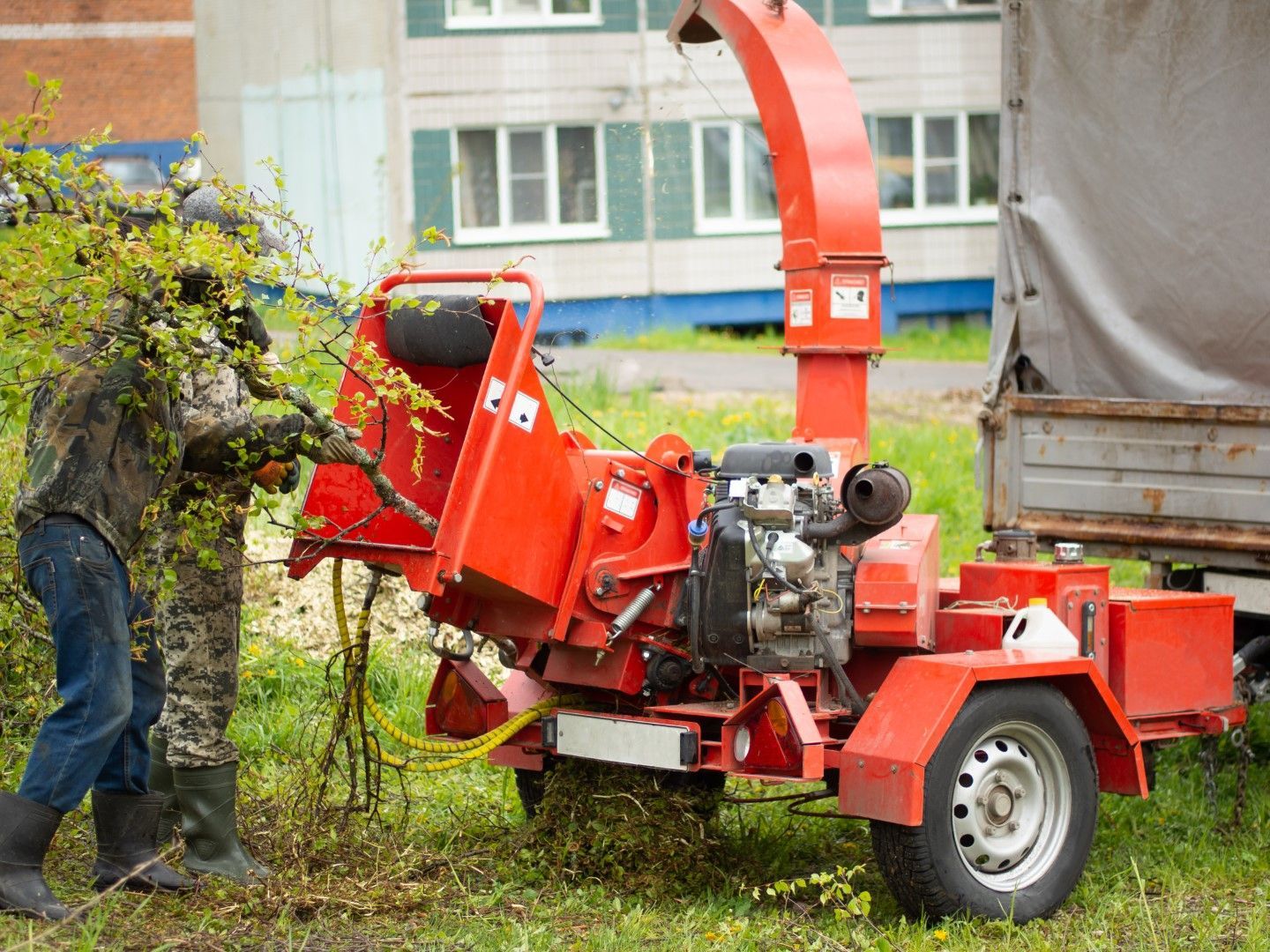 Man feeding a red wood chipper with branches on a grassy lawn. Trailer and building in the background.