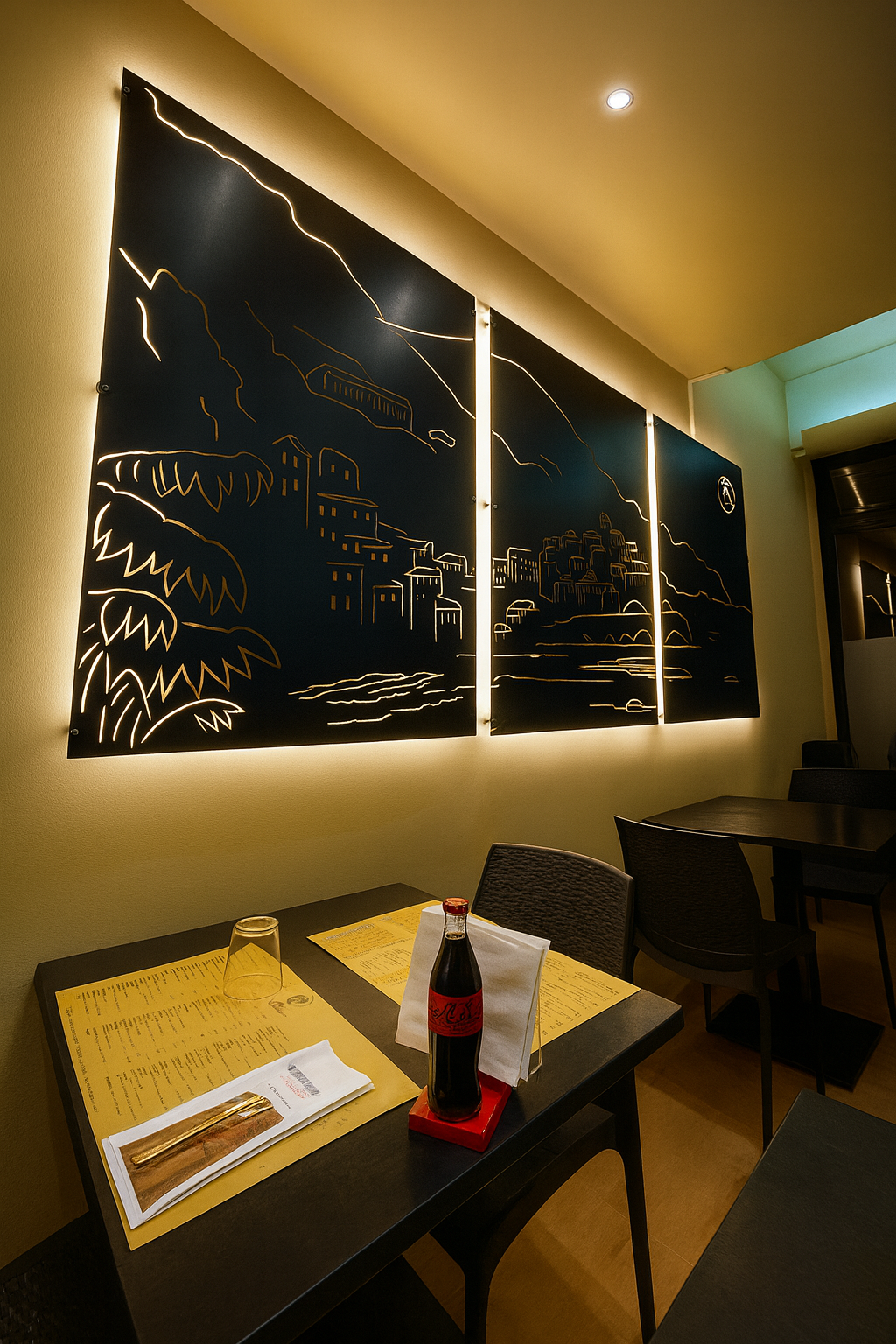 Interno del ristorante con opere d'arte raffiguranti la città di notte, tavoli e Coca-Cola.