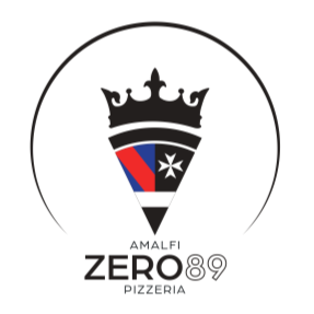 Logo per Amalfi Zero 89 Pizzeria: corona nera su uno scudo con forme colorate e la scritta