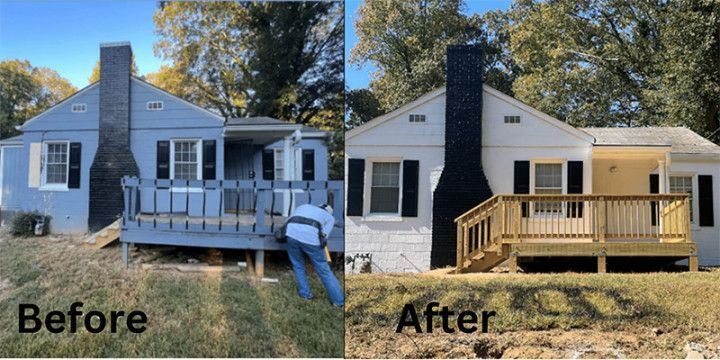 Before-and-after of a house porch renovation, showing a blue old porch and a white updated porch with wooden railings.