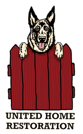 German shepherd peeks over a red wooden fence above the text “United Home Restoration.”