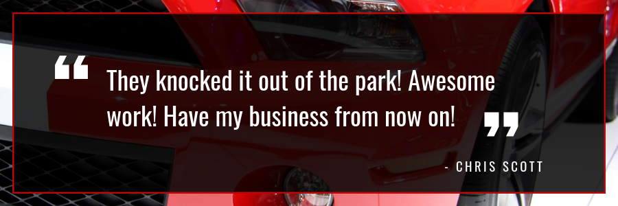 Black quote graphic: “They knocked it out of the park! Awesome work! Have my business from now on!” — Chris Scott
