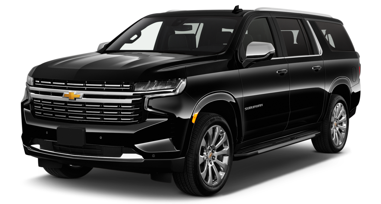 A black chevrolet suburban suv is parked on a white background.
