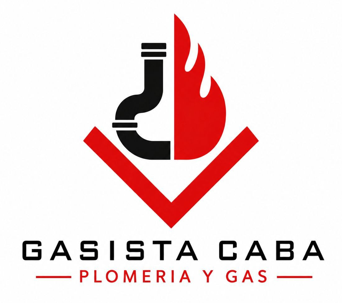 Logo de Gasista Caba con ícono de llama roja y tubería negra, texto “Plomería y Gas”