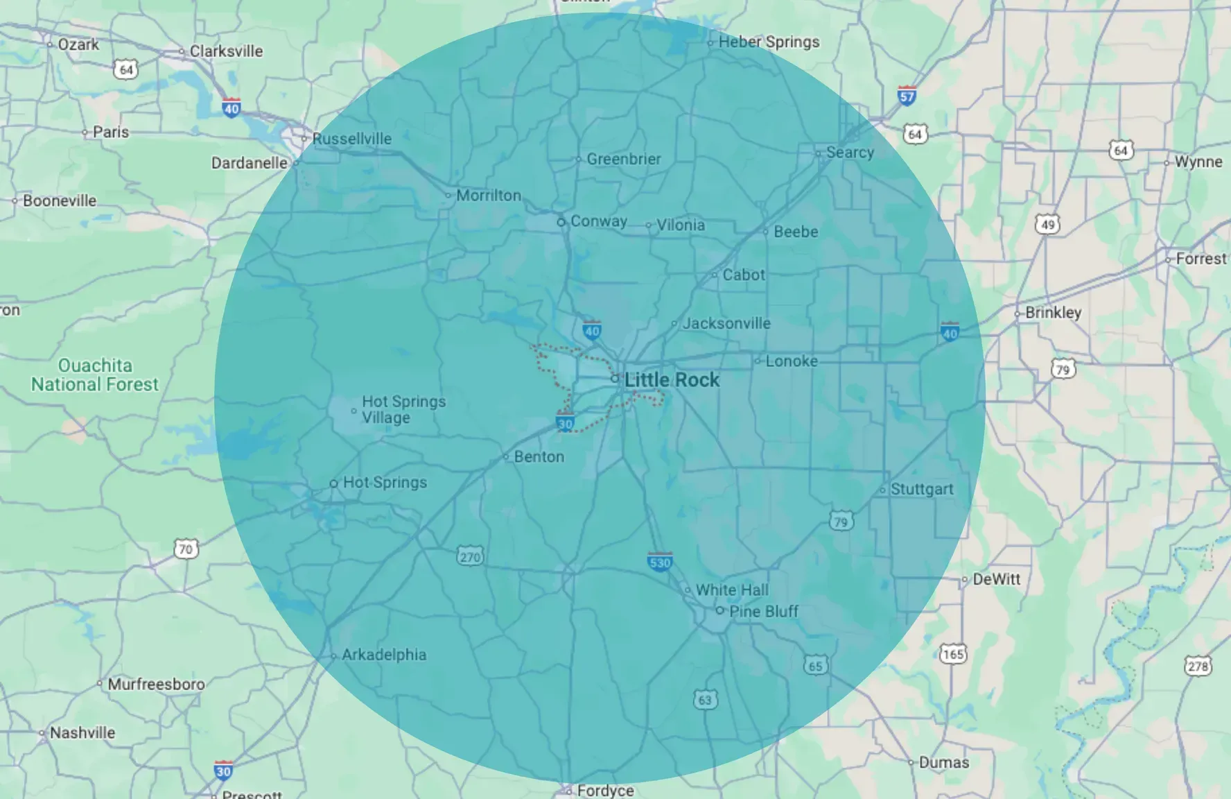 location services area map for roelke roofing in hot springs village, ar