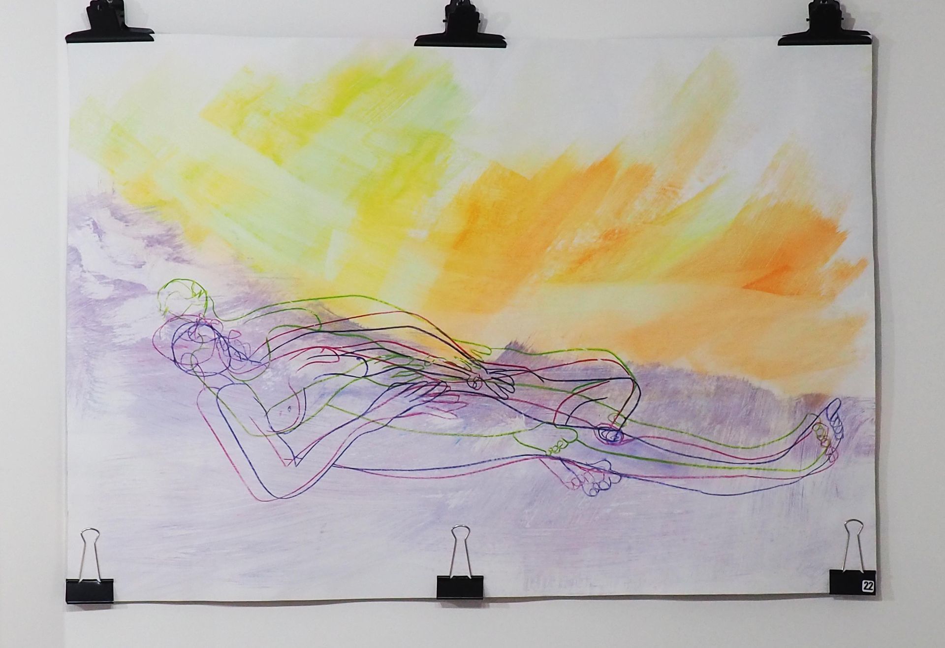 Energetic orange yellow brush strokes form a type of sky, while pinky / purple brush strokes are the foreground. There is a loose line drawing in pink blue and green of a relined naked woman. All on a white background.
