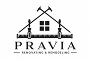 PRAVIA Renovating & Remodeling logo with roofline, house window, and fence graphic in black and white