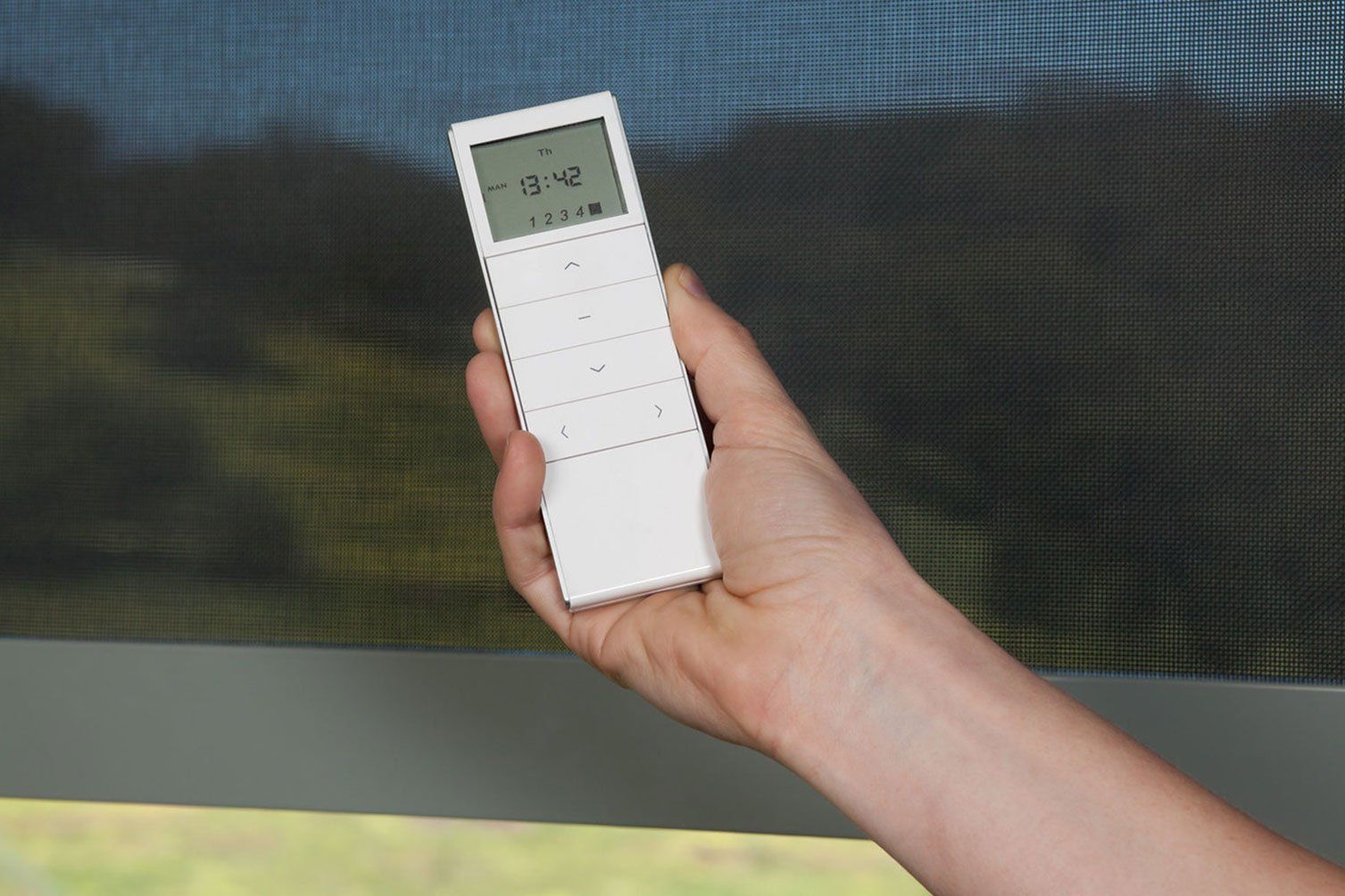 Hand holding a white remote control in front of a screen with a blurred outdoor scene