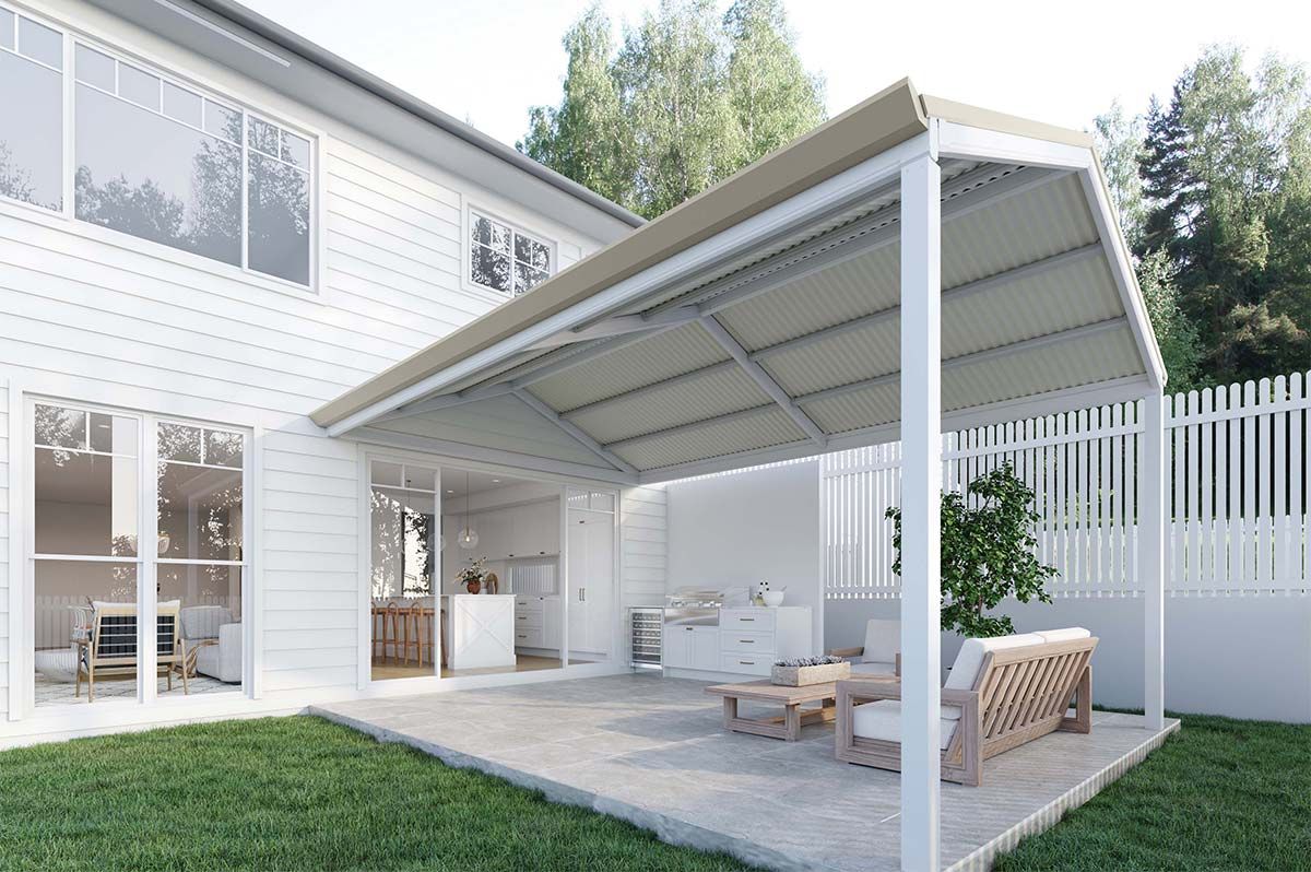 Modern white house patio with covered pergola, outdoor seating, and a grassy yard