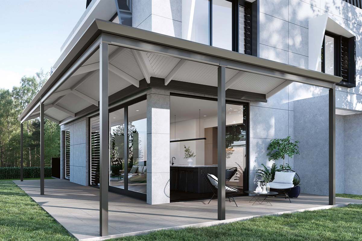 Modern covered patio with black metal posts, white roof, outdoor kitchen, and potted plants by a house