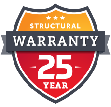 Shield logo reading “Structural Warranty 25 Year” in white, orange, gray, and red.