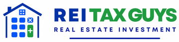 Blue and green REI Tax Guys logo with house, calculator, and “Real Estate Investment” text