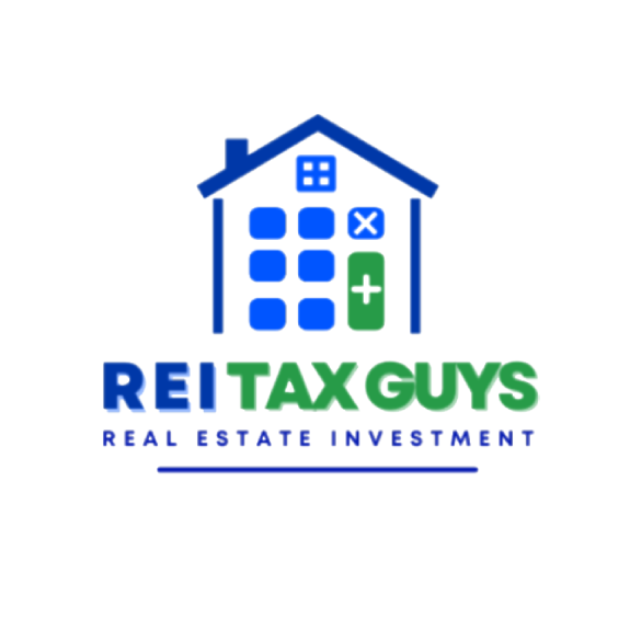 Blue and green REI Tax Guys logo with house, calculator, and “Real Estate Investment” text