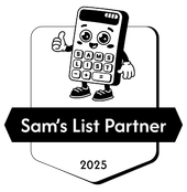Black-and-white logo with a cartoon smartphone mascot and the text “Sam’s List Partner” and “2025”