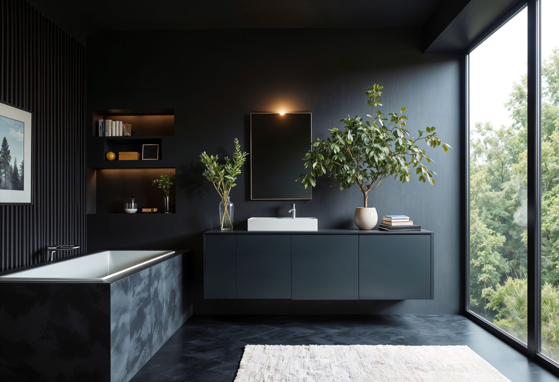 Dark modern bathroom with a tub, sink, and large window overlooking trees.